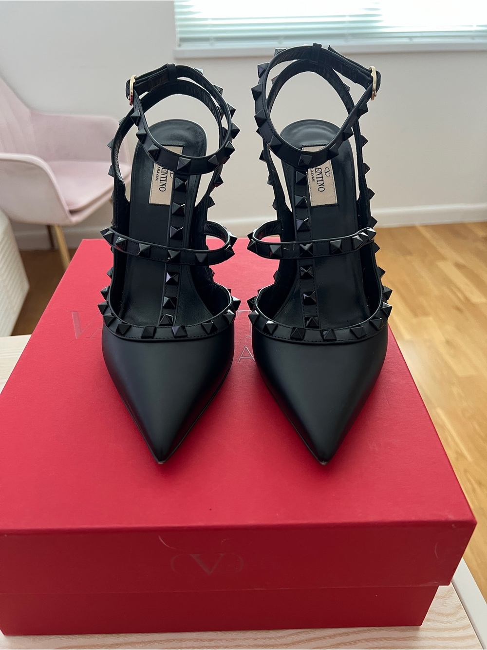 Valentino Garavani Black Rockstud Strappy Pointed Leather Heels